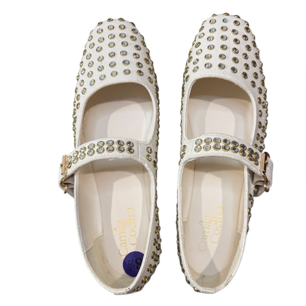 Camila Coelho Studded Mary Jane Flats 8.5 Ivory Gold Crystal Buckle Strap